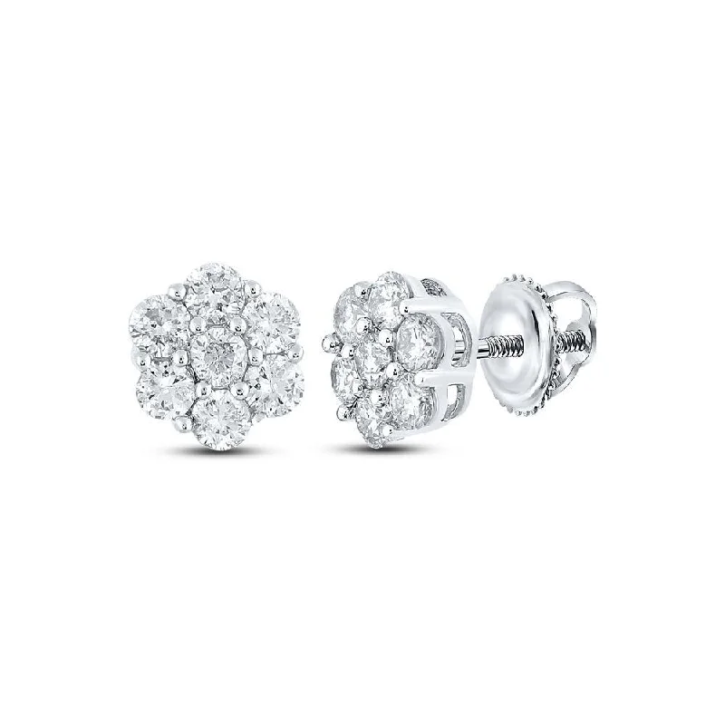 14kt White Gold Round Diamond Flower Cluster Earrings 1 Cttw